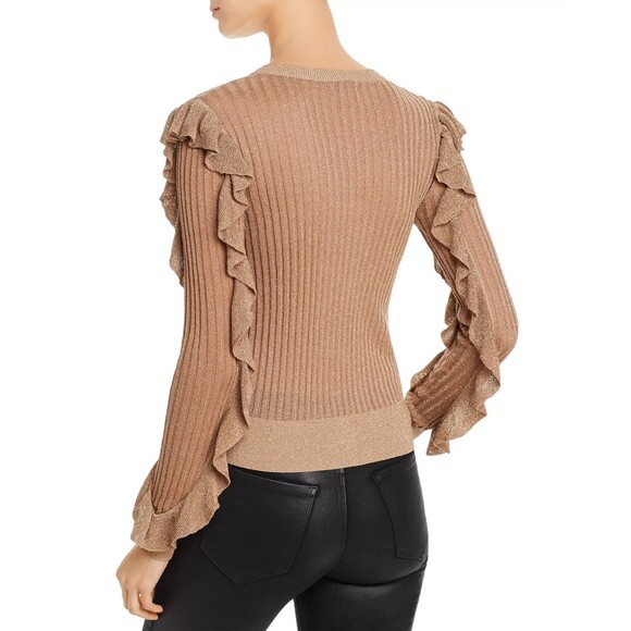 Joie Beza Shimmer Knit Sweater Gold Brown Metallic Ruffle Ribbed Top Size XS - Picture 2 of 12